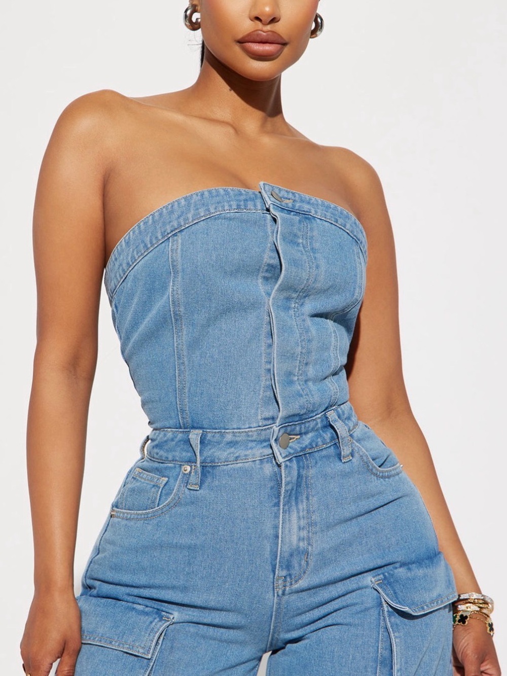 Strapless Light Blue Denim Jeans Jumpsuit